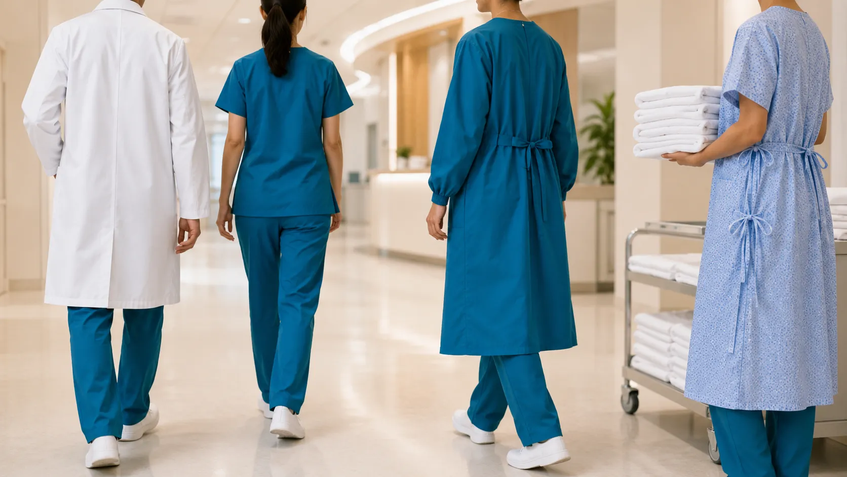 Healthcare teams in a hospital corridor, in scrubs, coats and patient gowns.